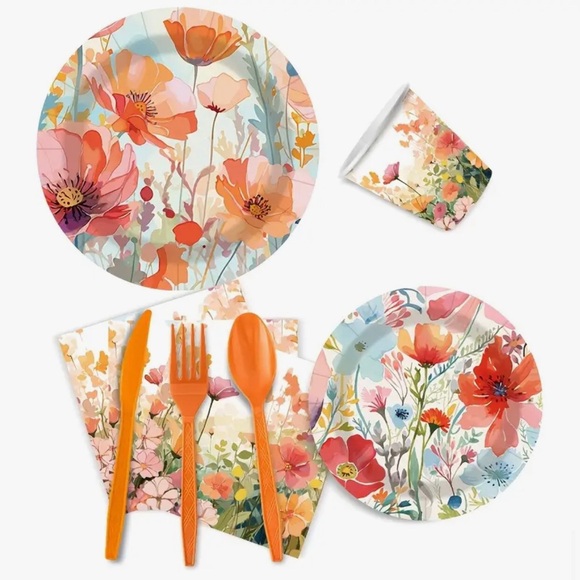 80-pc Vibrant Peachy Salmon Paper Tableware Party - Set for 10 - Picture 2 of 6